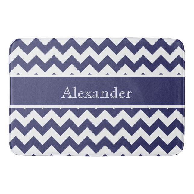 Personalized Chevron Navy Blue White background Bath Mat (Front)