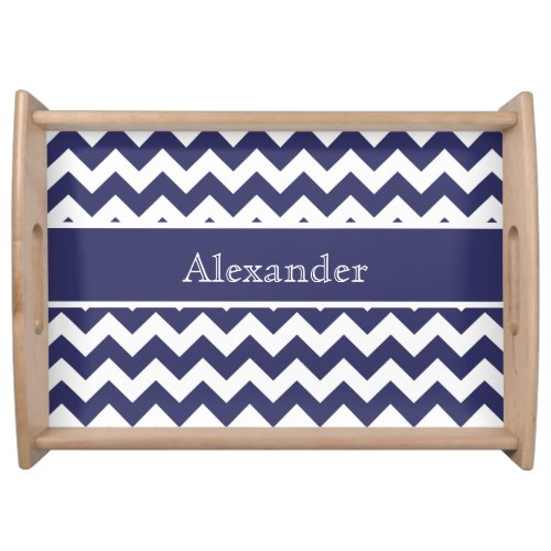 Personalized Chevron Navy Blue White background Serving Tray