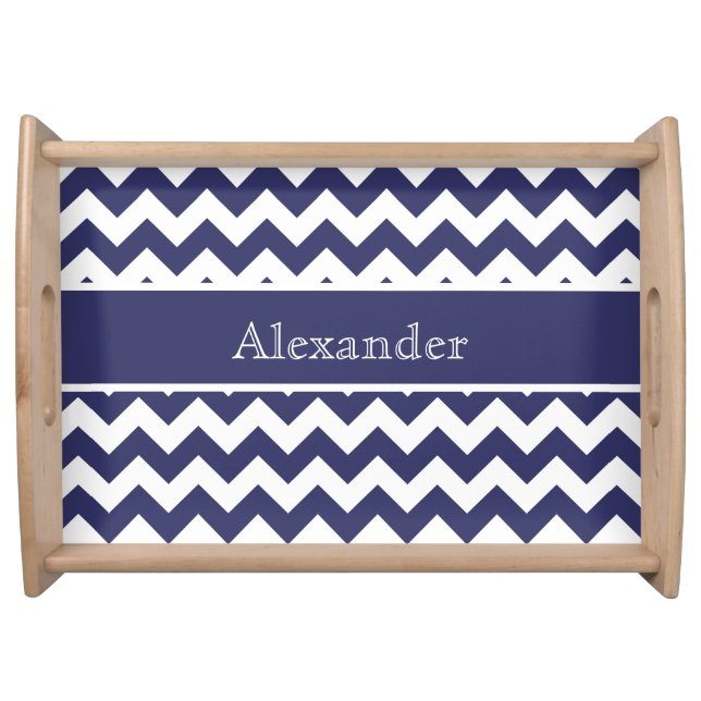 Personalized Chevron Navy Blue White background Serving Tray (Front)