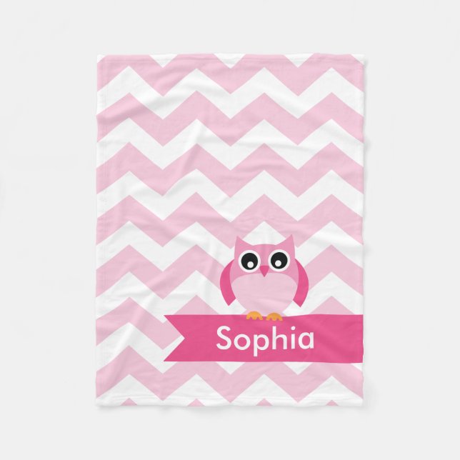 Personalized Chevron Pink Owl Fleece Blanket (Front)