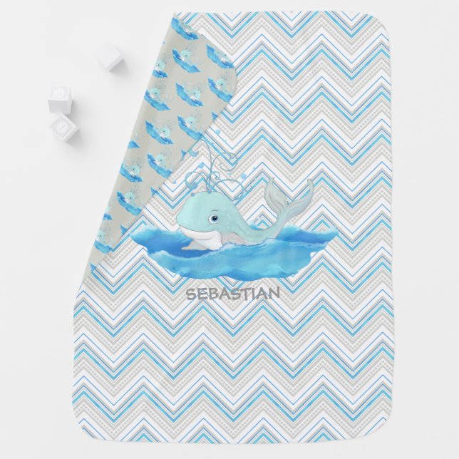 Personalized Chevron Striped Baby Shower Whale Blanket (In Situ)