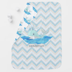 Personalized Chevron Striped Baby Shower Whale Stroller Blanket