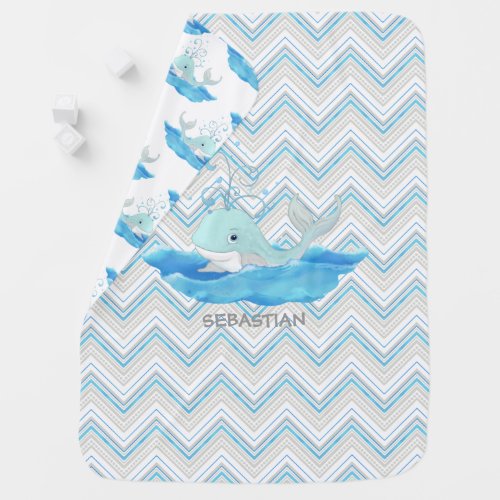 Personalized Chevron Striped Baby Shower Whale Stroller Blanket