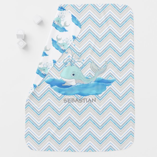 Personalized Chevron Striped Baby Shower Whale Stroller Blanket (In Situ)