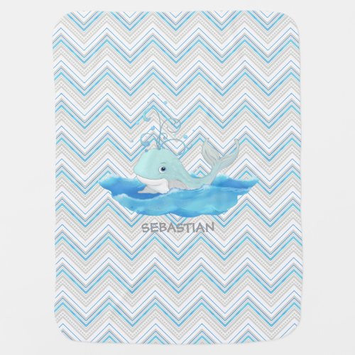 Personalized Chevron Striped Baby Shower Whale Swaddle Blanket