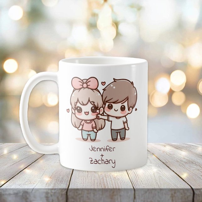 Personalized Chibi-Style Flirting Couple  Coffee Mug (Personalized Chibi-Style Flirting Couple Mug)