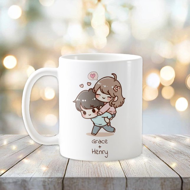 Personalized Chibi-Style Playful Couple  Coffee Mug (Sweet Personalized Chibi-style Playful Couple Mug)