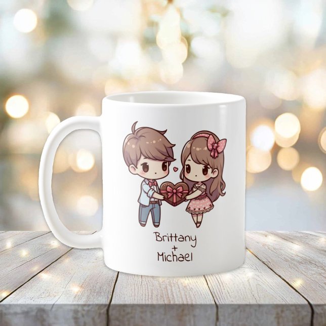 Personalized Chibi-Style Valentine Couple  Coffee Mug (Cute Personalized Chibi-style Valentine Couple mug)