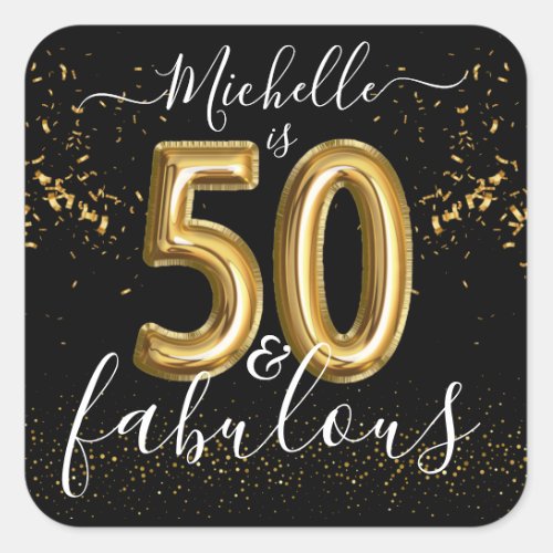 Personalized Chic 50th Birthday Party Black Gold  Square Sticker