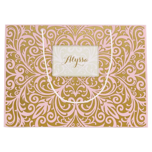 Personalized Chic and Glam Upscale Pink and Gold Large Gift Bag (Front)