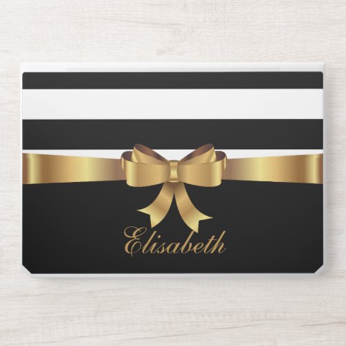 Personalized Chic Black Bold Stripes Gold BOW HP Laptop Skin