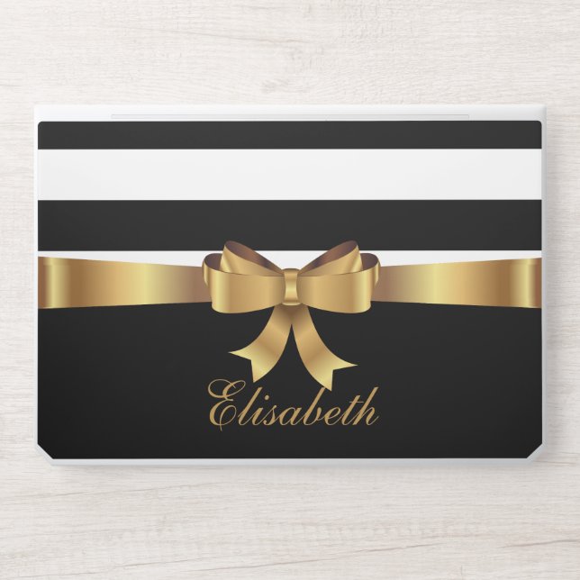 Personalized Chic Black Bold Stripes Gold BOW HP Laptop Skin (Front)