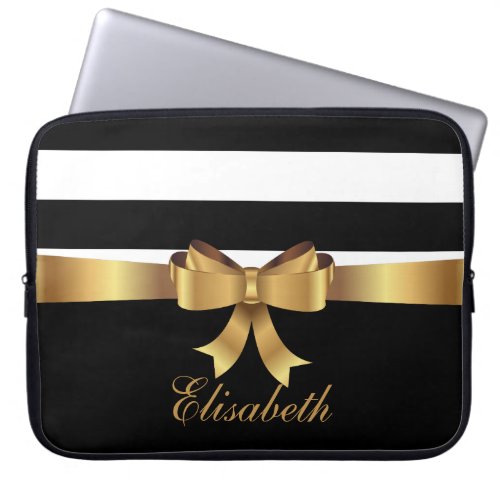 Personalized Chic Black Bold Stripes Gold BOW Laptop Sleeve