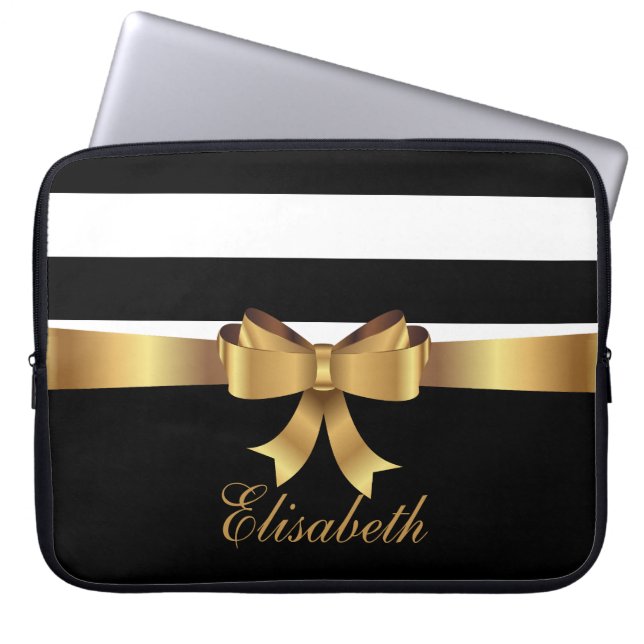 Personalized Chic Black Bold Stripes Gold BOW Laptop Sleeve (Front)