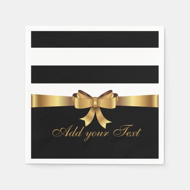 Personalized Chic Black Stripes Gold BOW your text Napkins (Front)