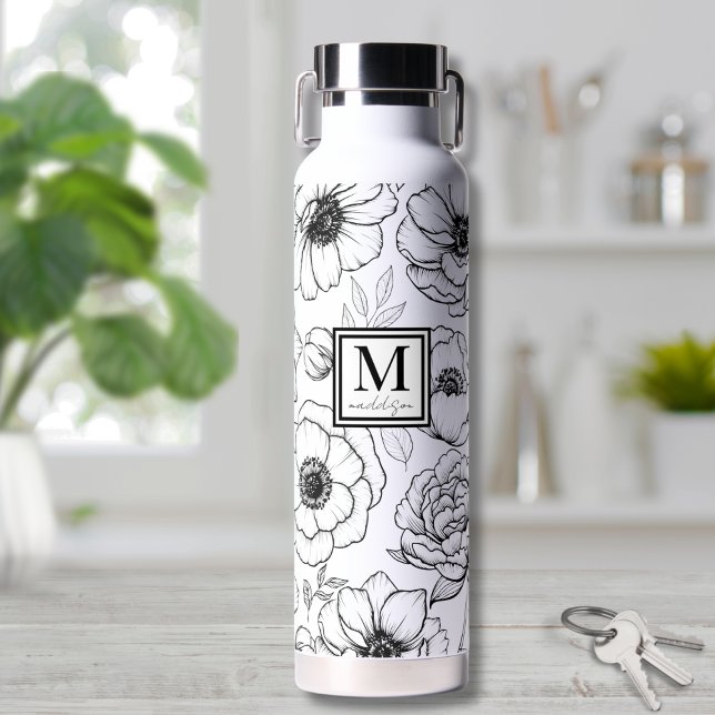 Personalized Chic Black White Monogram Water Bottle (Personalized Chic Black White Monogram Water Bottle)