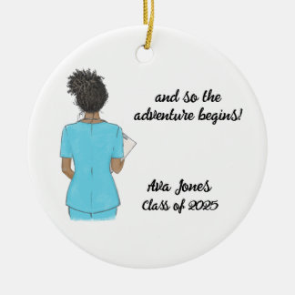 Personalized Chic Black Woman Graduation Nurse Ceramic Ornament
