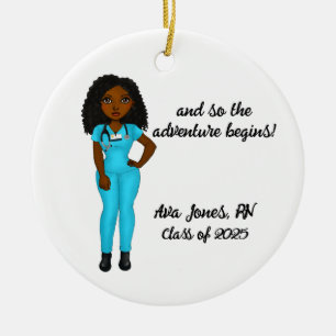 Personalized Chic Black Woman Nursing Graduation Ceramic Ornament
