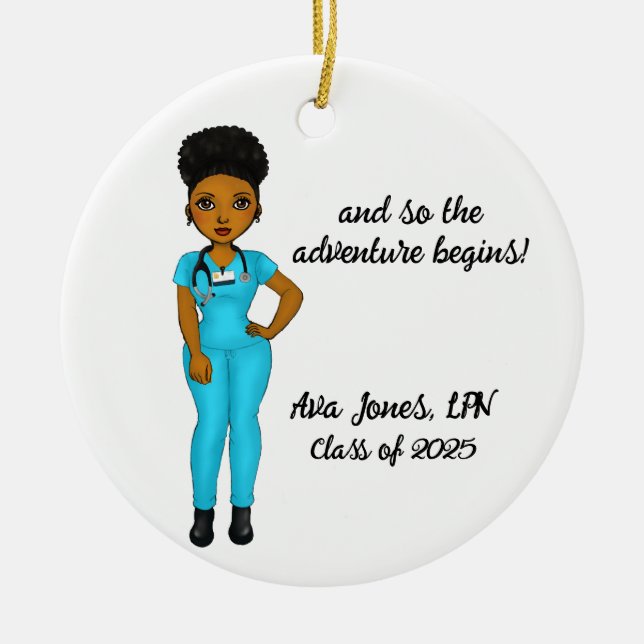Personalized Chic Black Woman Nursing Graduation Ceramic Ornament (Front)