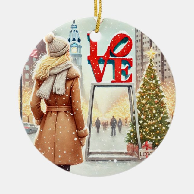 Personalized Chic Blonde Woman at LOVE Philly  Ceramic Ornament (Front)