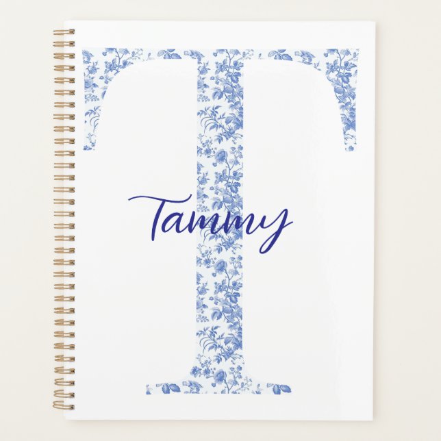 Personalized Chic Blue Toile Monogram Notebook (Front)