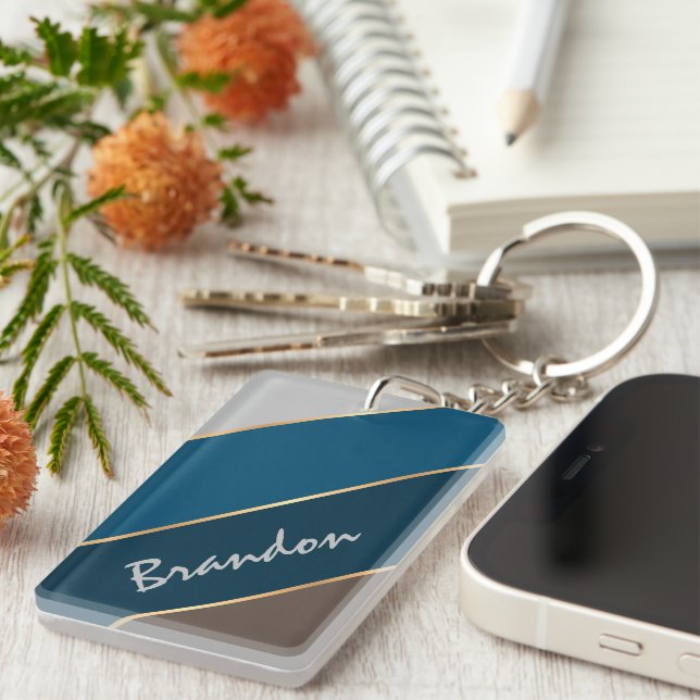 Personalized Chic Brown Teal Blue Gray Stripe Keychain (Front Right)