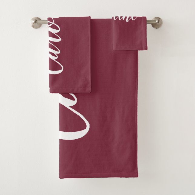 Personalized Chic Calligraphy Name Burgundy Red Bath Towel Set (Insitu)