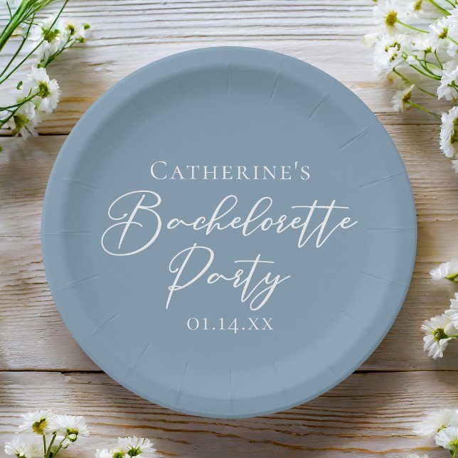 Personalized Chic Dusty Blue Bachelorette Party Paper Plates (Creator Uploaded)