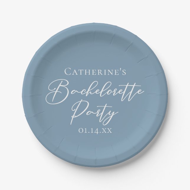 Personalized Chic Dusty Blue Bachelorette Party Paper Plates (Front)