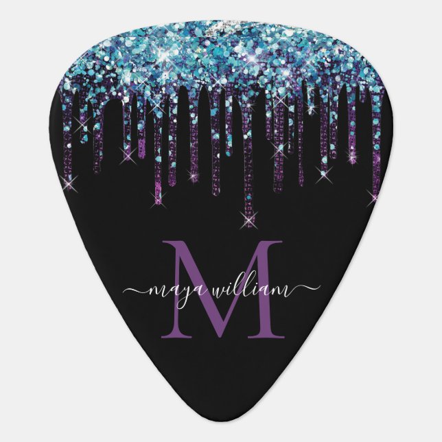 Personalized Chic Dusty Blue Glitter Drips Glam Guitar Pick (Front)