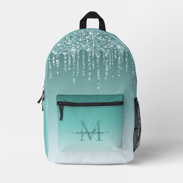 Personalized Chic Dusty Blue Glitter Drips Glam Printed Backpack (Front)