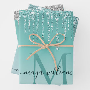 Personalized Chic Dusty Blue Glitter Drips Glam Wrapping Paper Sheets