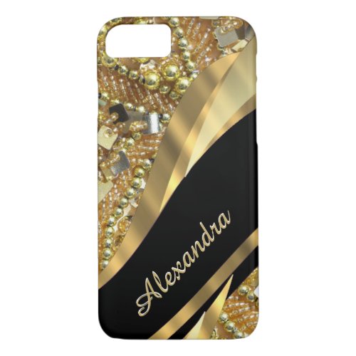 Personalized chic elegant black and gold bling iPhone 87 case