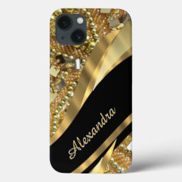 Personalized chic elegant black and gold bling iPhone 13 case