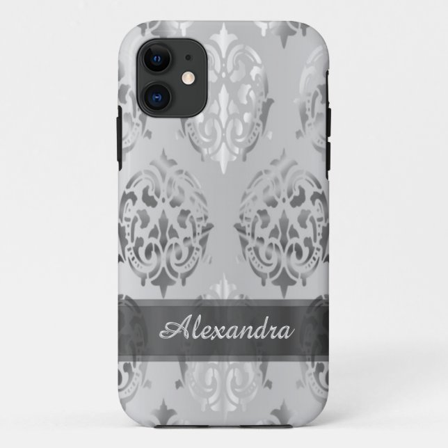 Personalized chic elegant silver gray damask Case-Mate iPhone case (Back)