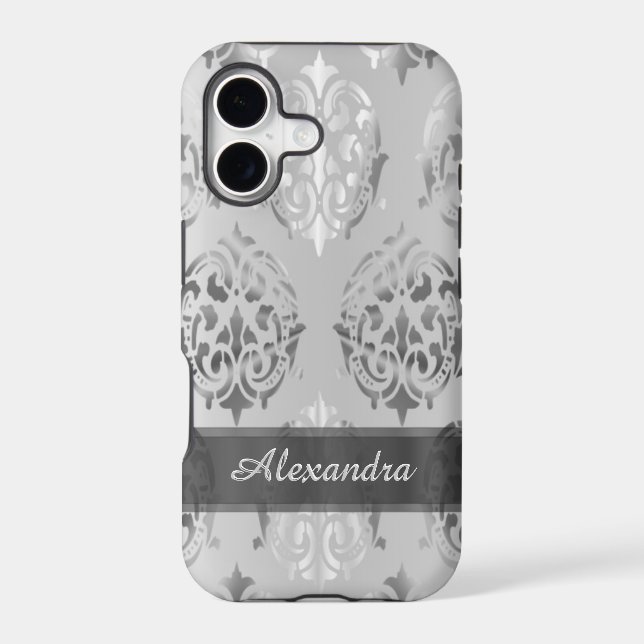 Personalized chic elegant silver gray damask iphone case (Back)
