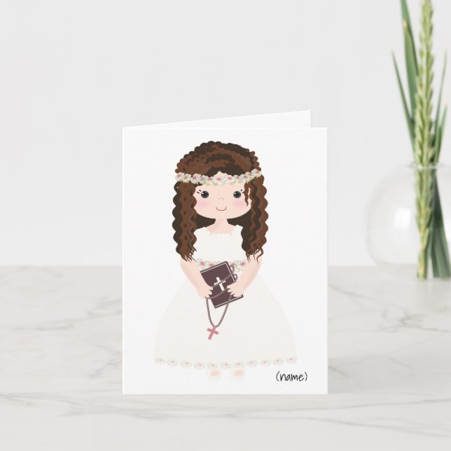Personalized Chic First Communion-Brown Hair Girl Card (Front)