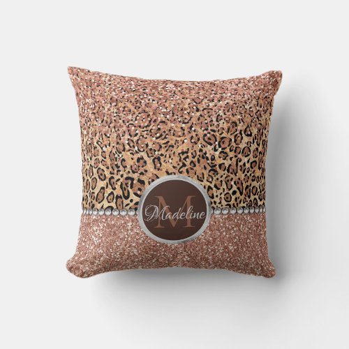 Personalized Chic Girly Rose Gold Glitter Leopard Throw Pillow