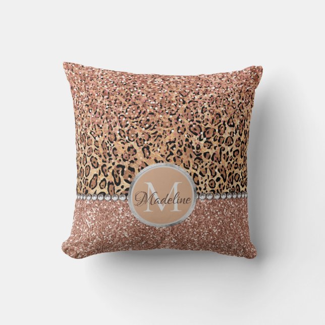 Personalized Chic Girly Rose Gold Glitter Leopard Throw Pillow (Front)