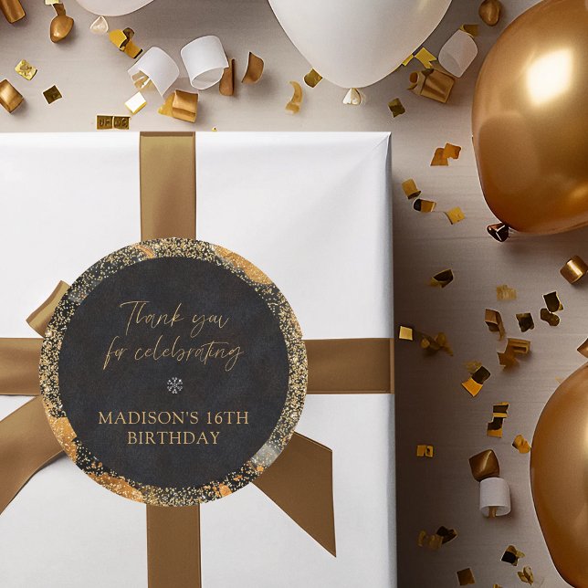 Personalized Chic Glitter Black and Gold Thank You Classic Round Sticker (Creator Uploaded)