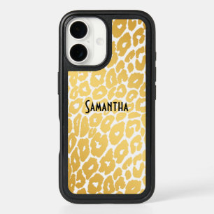 Personalized Chic Gold Leopard Print on White iPhone 16 Case