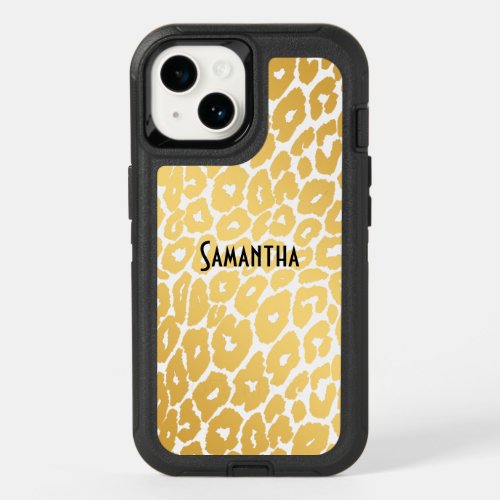 Personalized Chic Gold Leopard Print on White OtterBox iPhone 14 Case