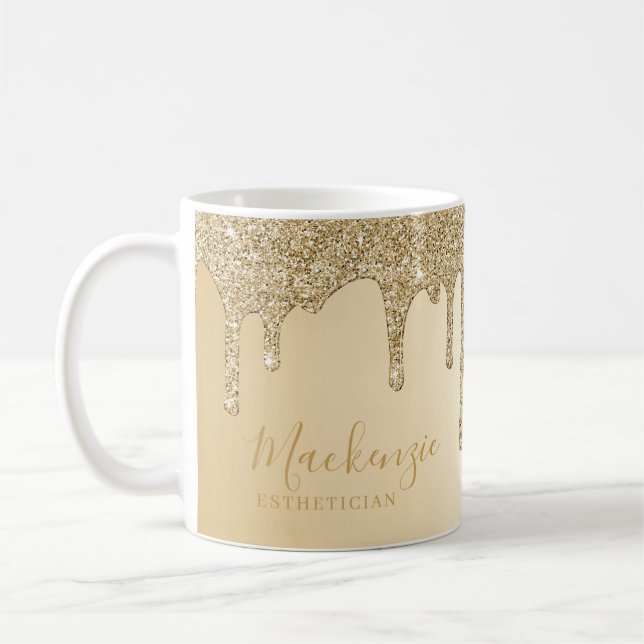 Personalized Chic Gold Sparkle Glitter Drips Coffee Mug (Left)