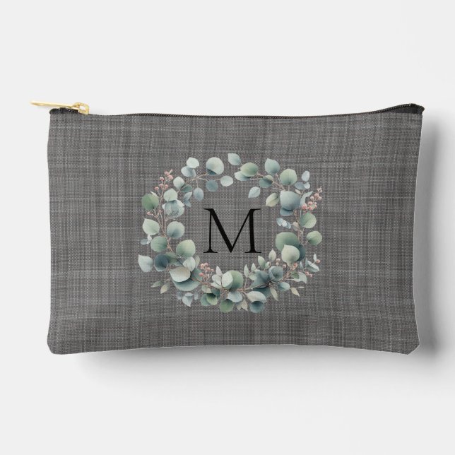 Personalized Chic Green Eucalyptus Foliage Wreath Accessory Pouch (Front)