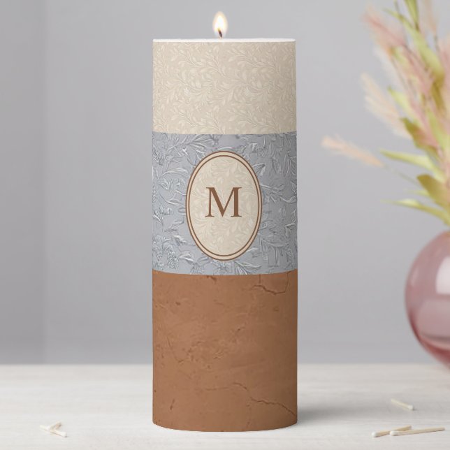 Personalized Chic Grey, Ivory, and Brown  Pillar Candle (In Situ)