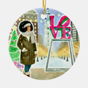 Personalized Chic Hispanic Woman at LOVE Philly Ceramic Ornament