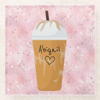 Personalized Chic Iced Coffee Bling Pink Glass Coaster by StuffByAbby at Zazzle