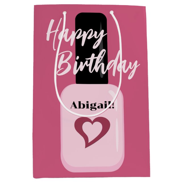 Personalized Chic Modern Pink Nail Polish Birthday Medium Gift Bag (Front)