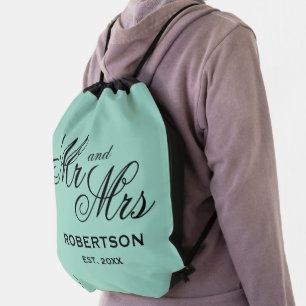 Personalized chic Mr and Mrs wedding teal blue Drawstring Bag