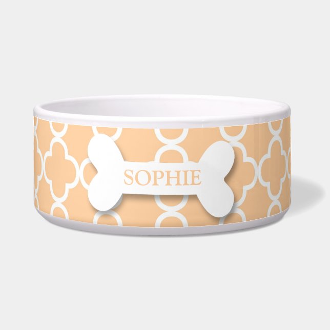 Personalized chic peach dog bone pet food bowl (Front)